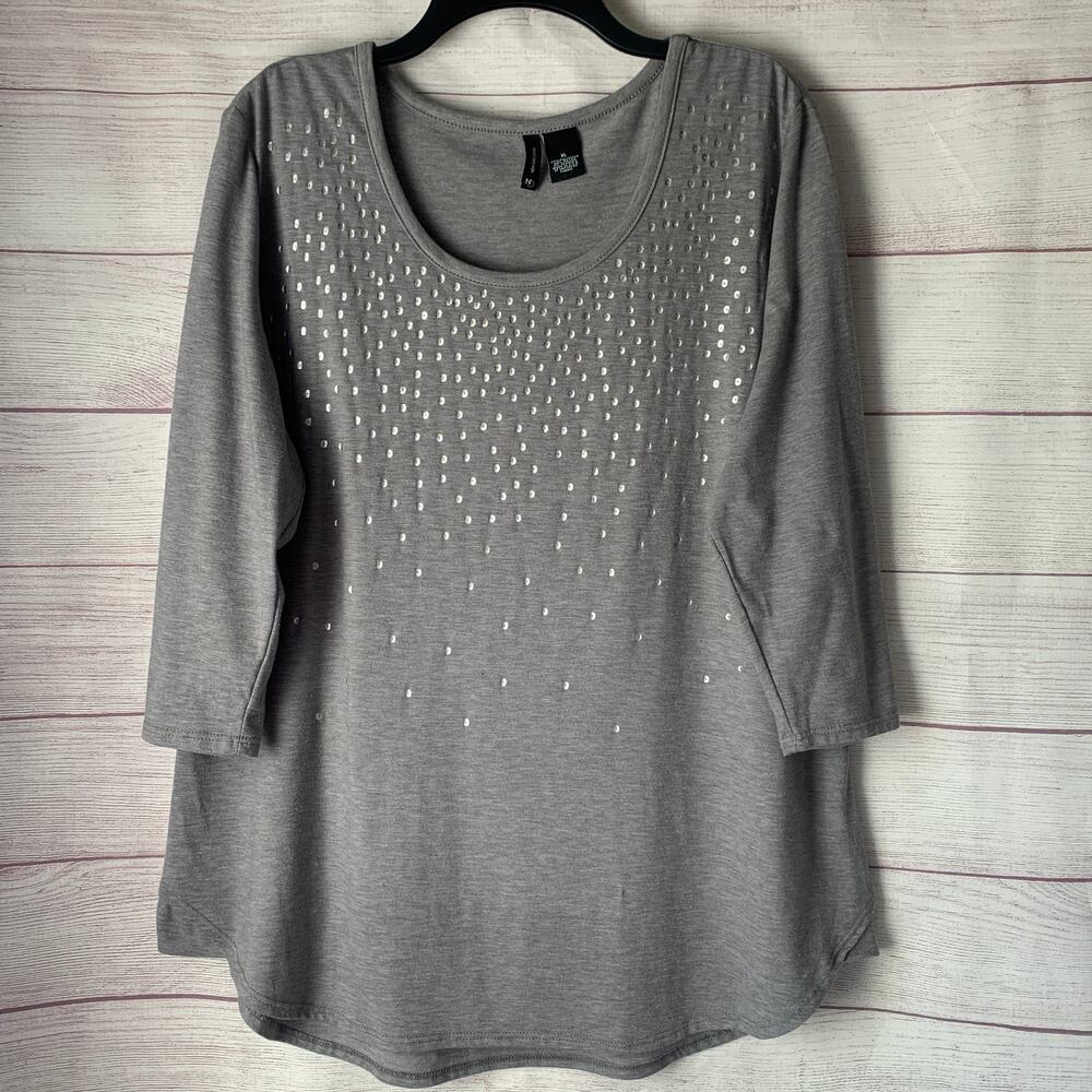 New Directions Gray Tunic Blouse Shimmery Polka Dots 3/4 Sleeve Size XL